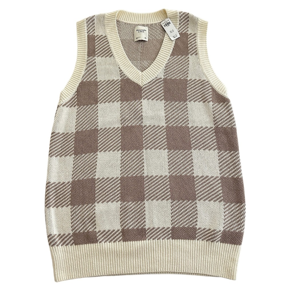 Abercrombie Fitch Vest Mens‎ XL Brown Check V Neck Knit Sweater Pullover NWT